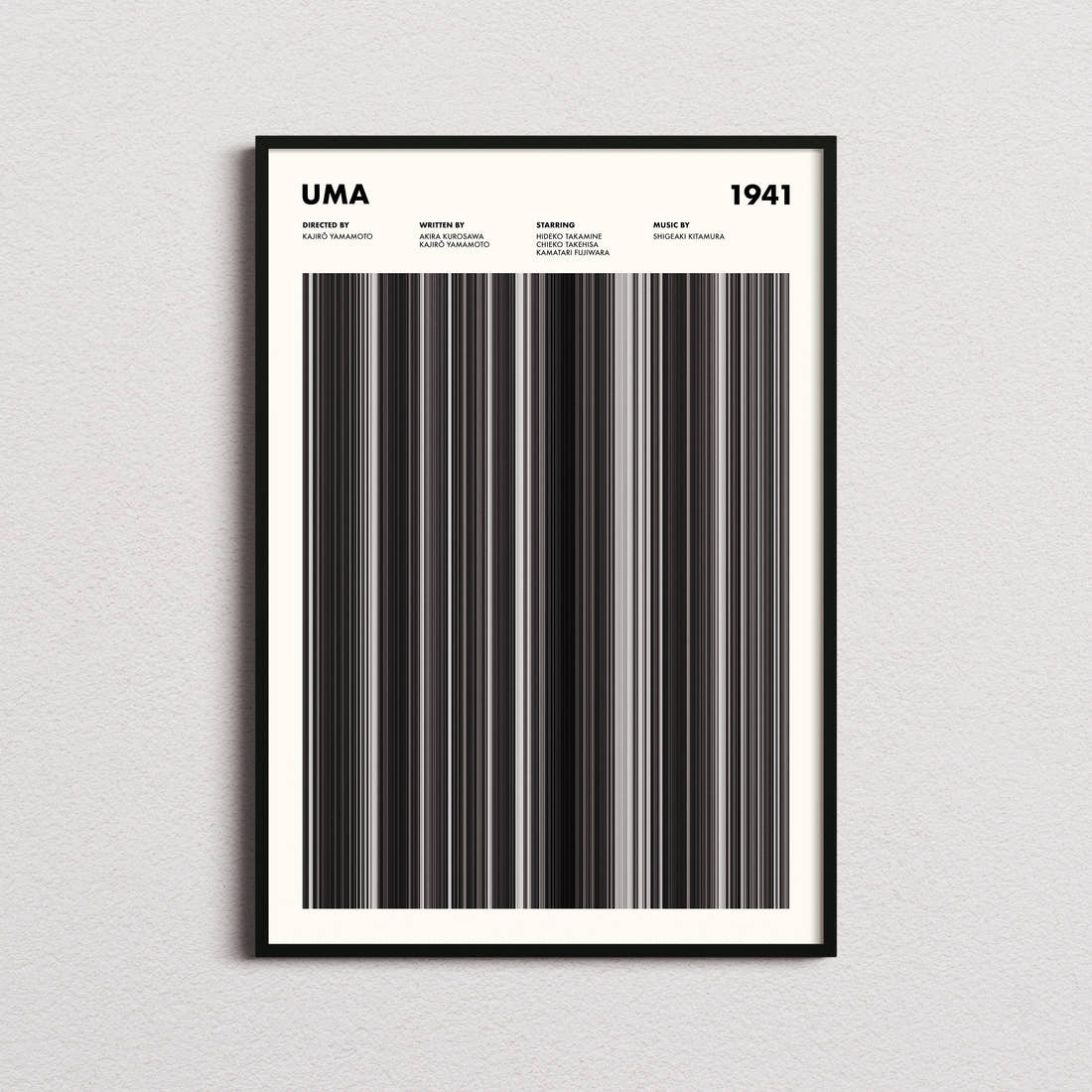 Uma Movie Barcode Poster framed on a plain studio wall