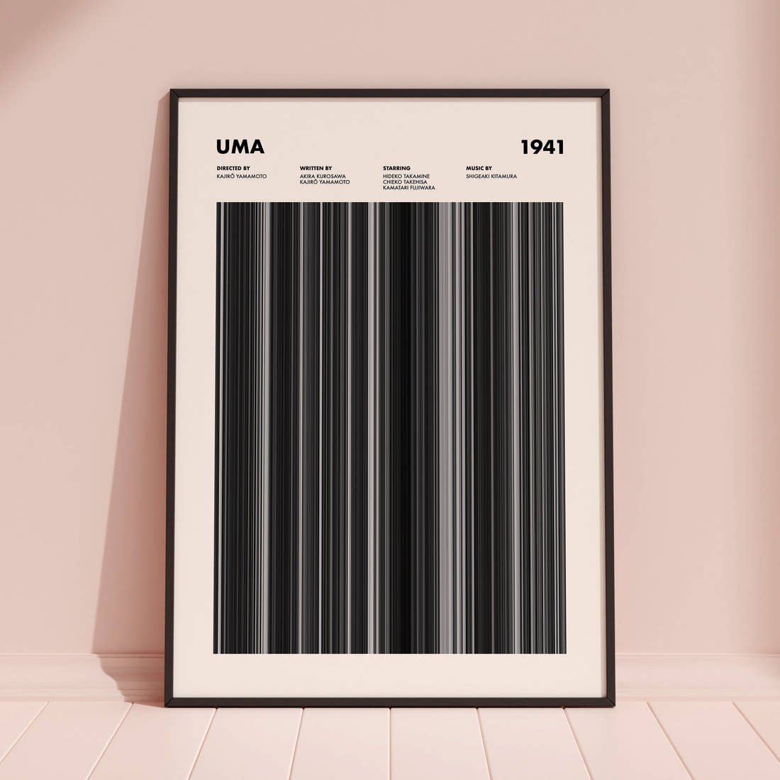 Uma Movie Barcode Poster framed and leaning against a coloured wall