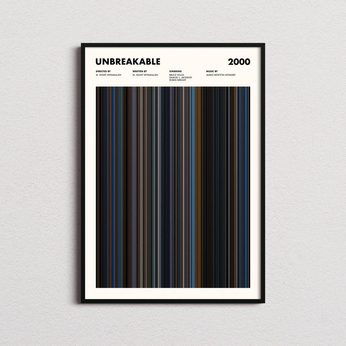Unbreakable Movie Barcode Poster framed on a plain studio wall