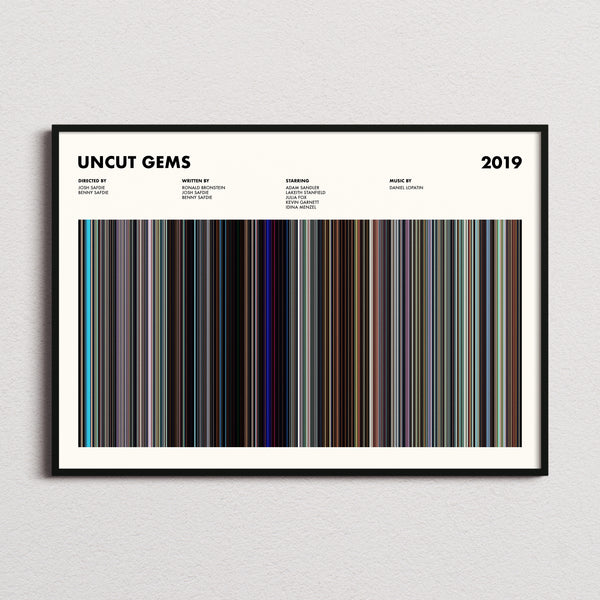 Uncut Gems Movie Barcode Poster framed and photographed straight on