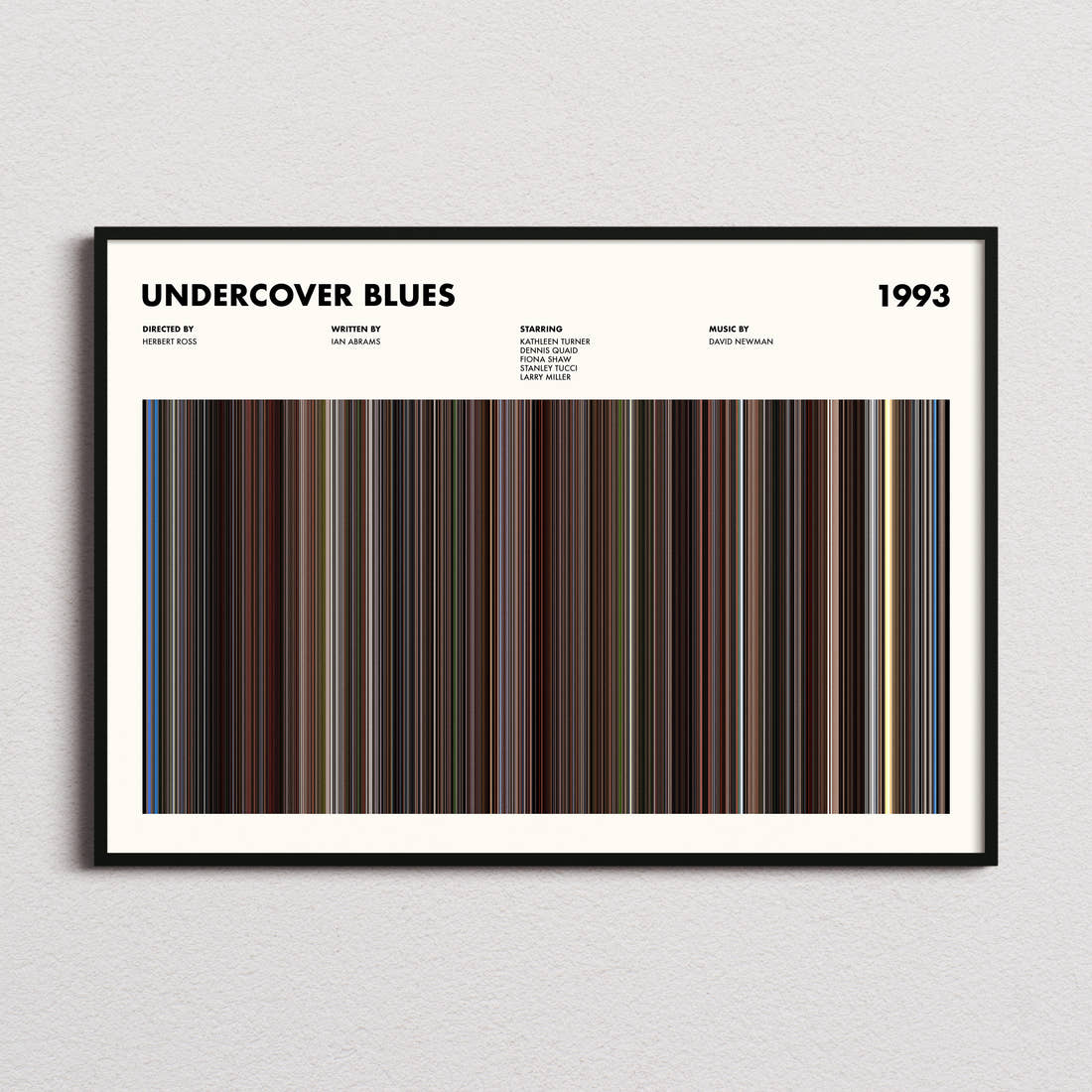 Undercover Blues Movie Barcode Poster framed and photographed straight on
