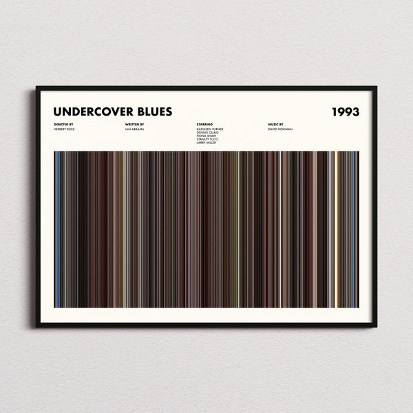 Undercover Blues Movie Barcode Poster framed and photographed straight on