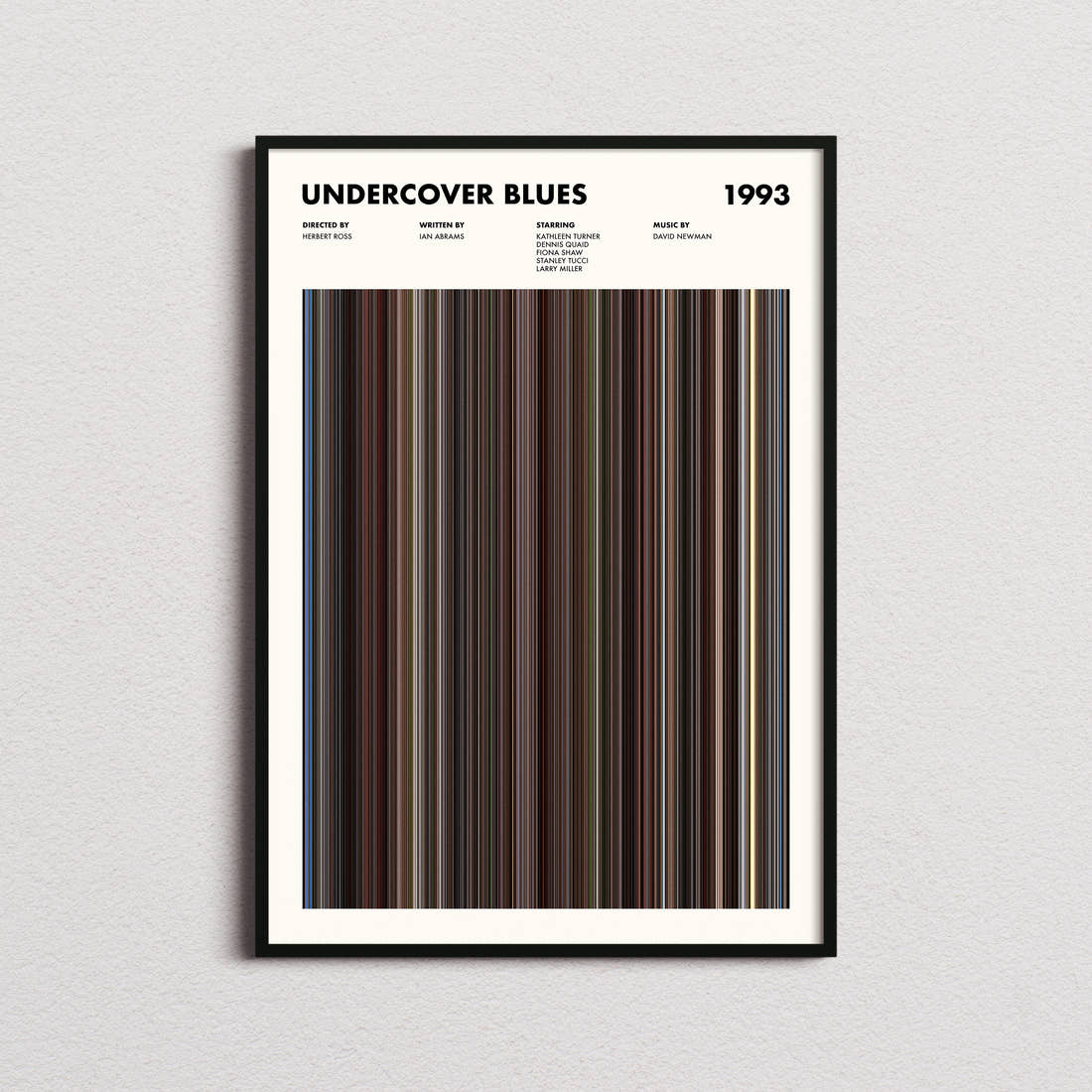 Undercover Blues Movie Barcode Poster framed on a plain studio wall