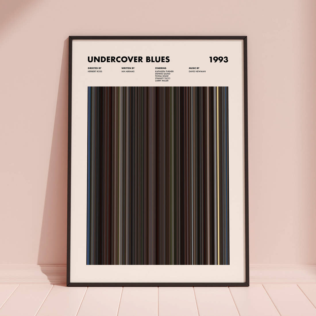 Undercover Blues Movie Barcode Poster framed and leaning against a coloured wall