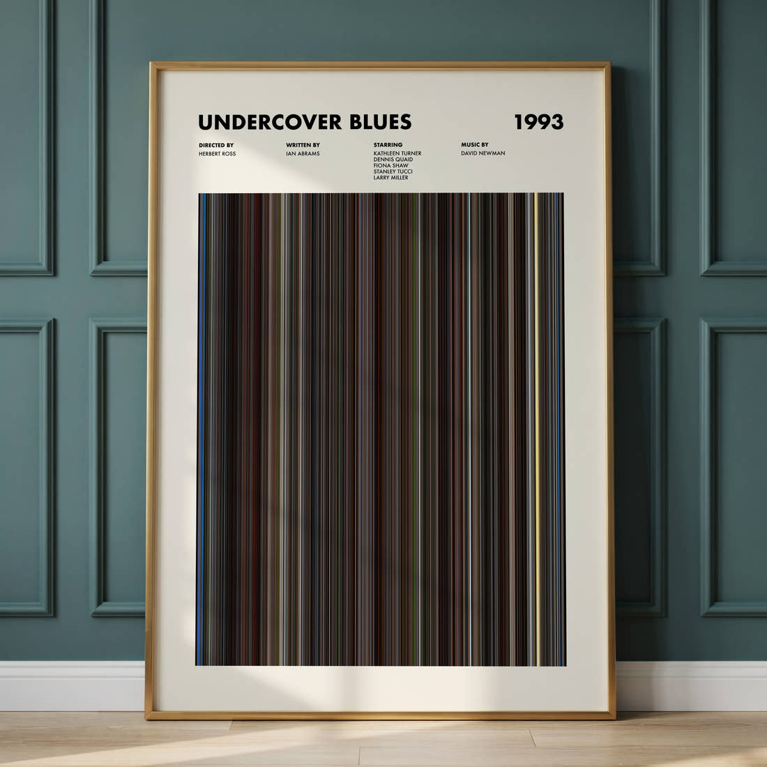 Undercover Blues Movie Barcode Poster framed and leaning against a panelled wall