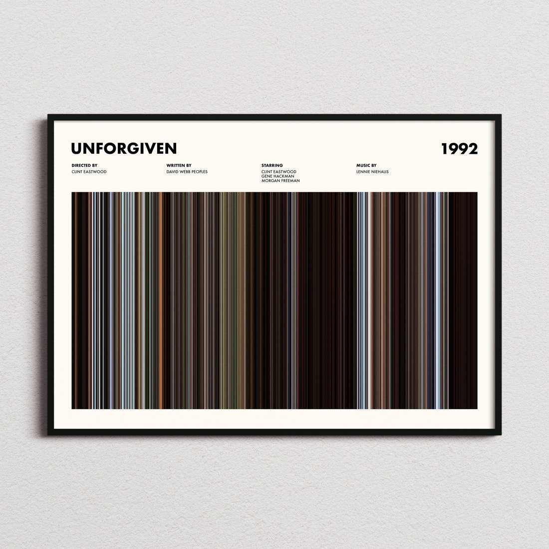 Unforgiven Movie Barcode Poster framed and photographed straight on