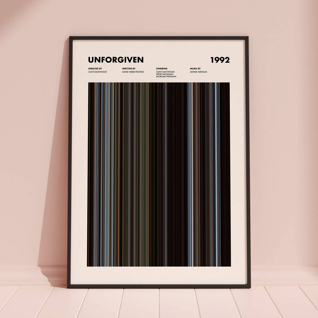 Unforgiven Movie Barcode Poster framed and leaning against a coloured wall