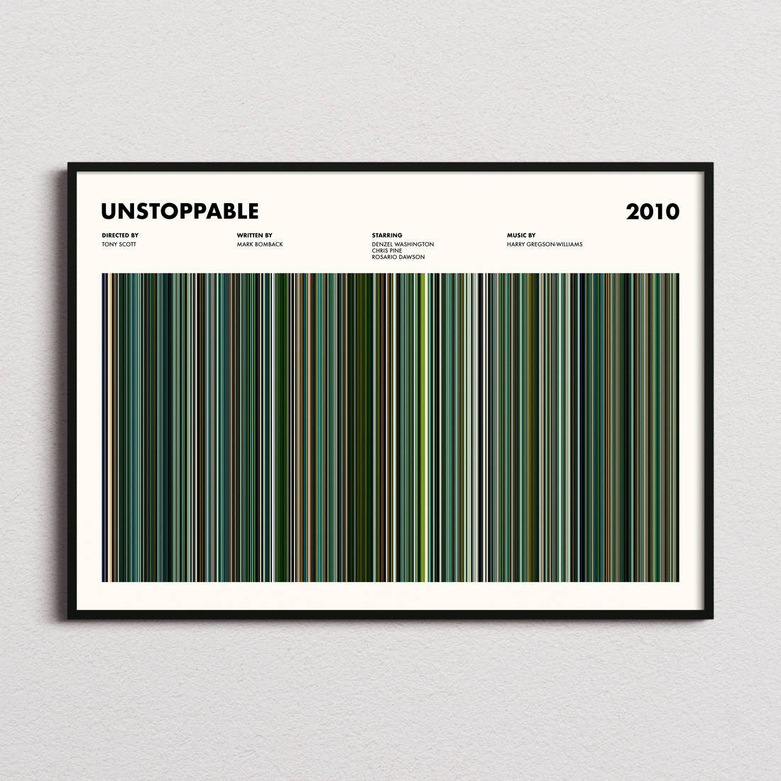 Unstoppable Movie Barcode Poster framed and photographed straight on