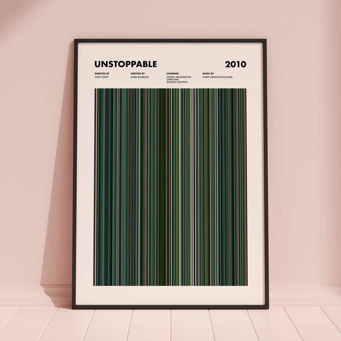 Unstoppable Movie Barcode Poster framed and leaning against a coloured wall