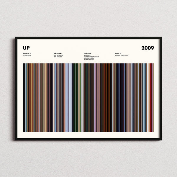Up Movie Barcode Poster framed and photographed straight on