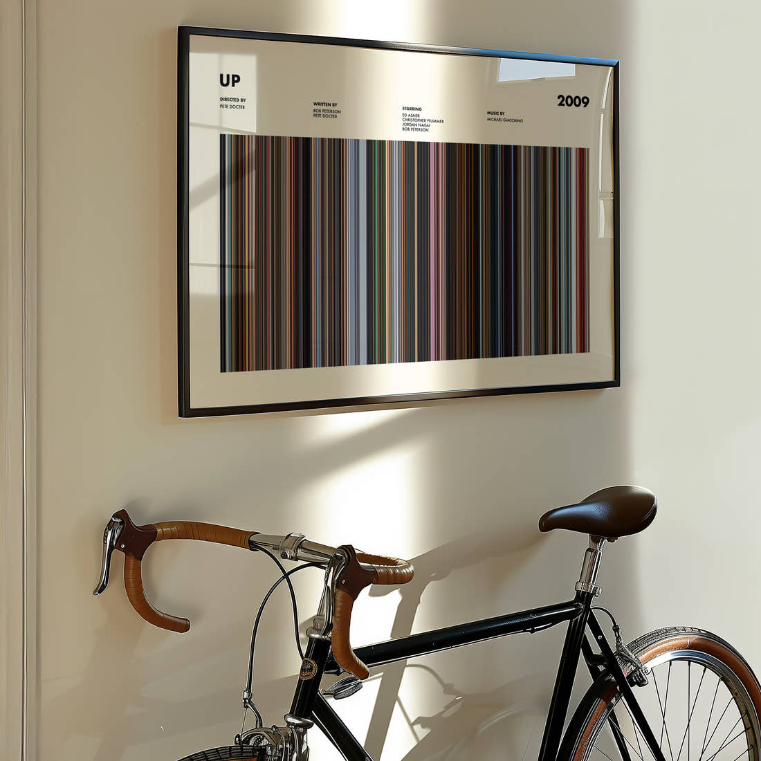 Up Movie Barcode Poster framed on the wall of a styled room setting