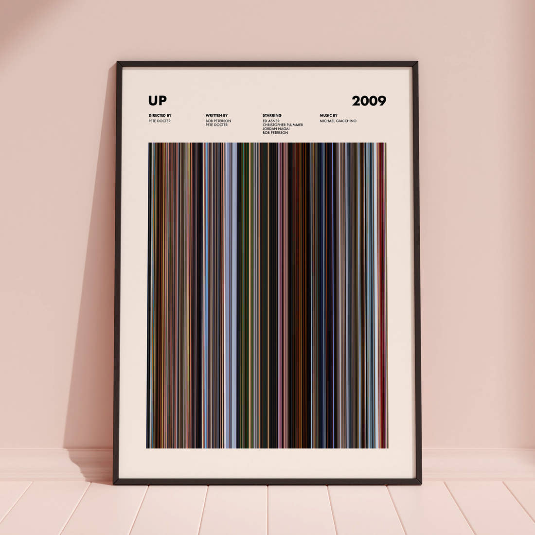 Up Movie Barcode Poster framed and leaning against a coloured wall