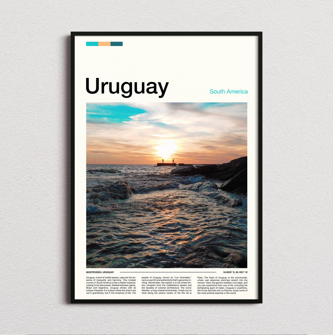 Uruguay Sunset Over The Sea Travel Print framed and photographed straight on