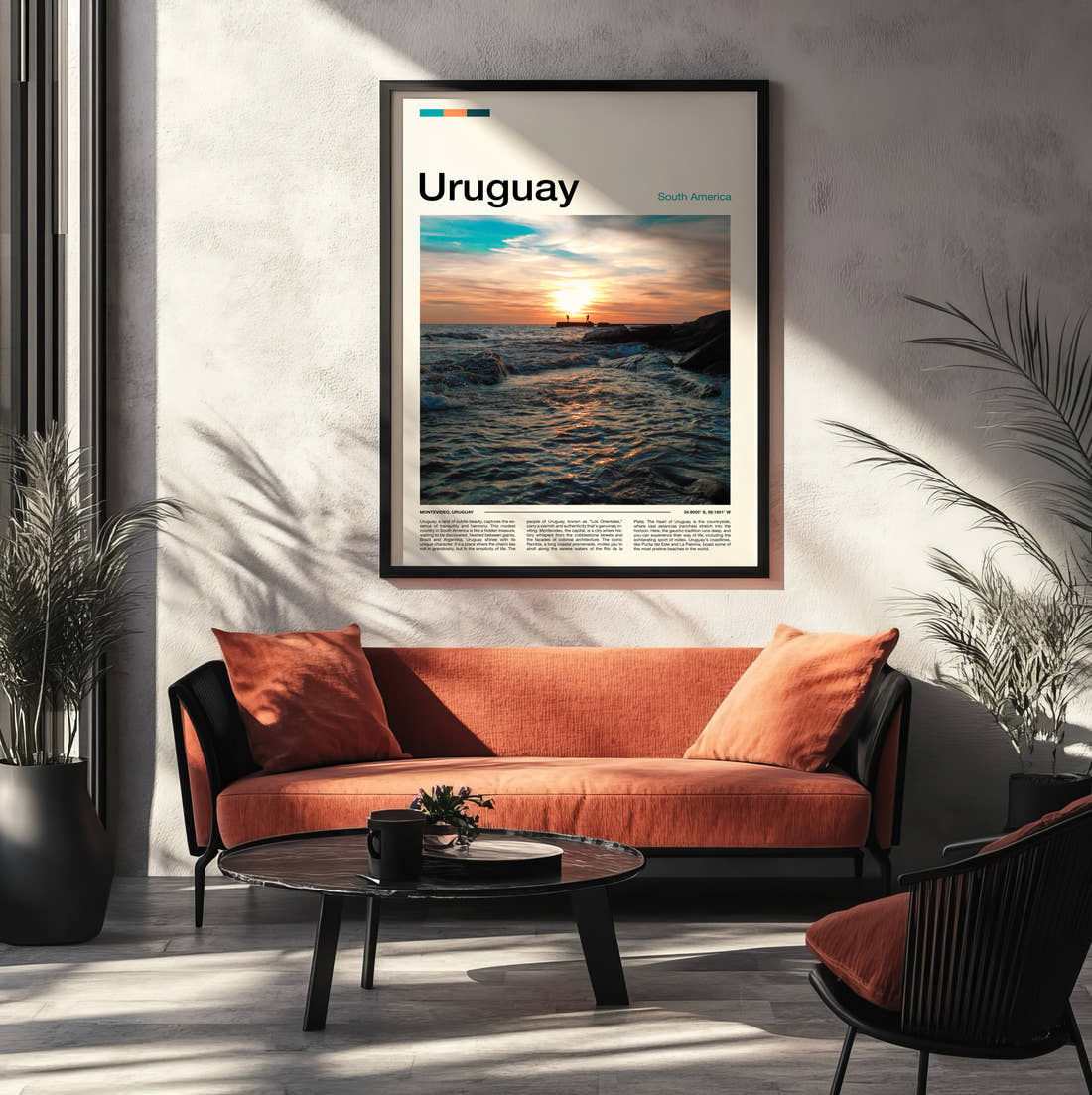 Uruguay Sunset Over The Sea Travel Print framed on the wall of a modern living room