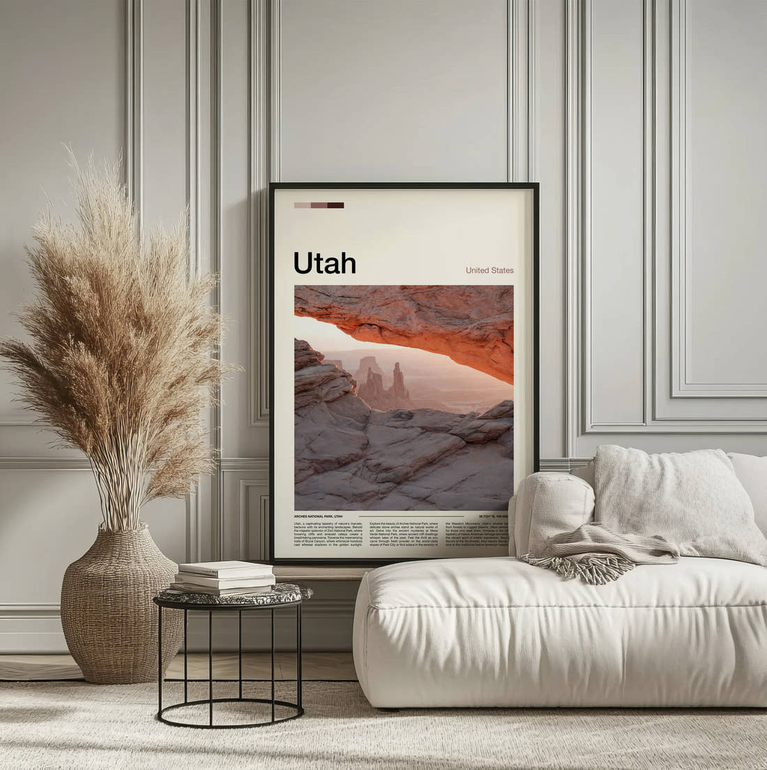 Utah Mesa Arch At Sunrise Travel Print framed on the wall of a calm, neutral bedroom