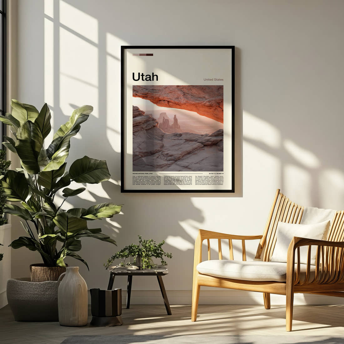 Utah Mesa Arch At Sunrise Travel Print framed on a pale wall beside houseplants