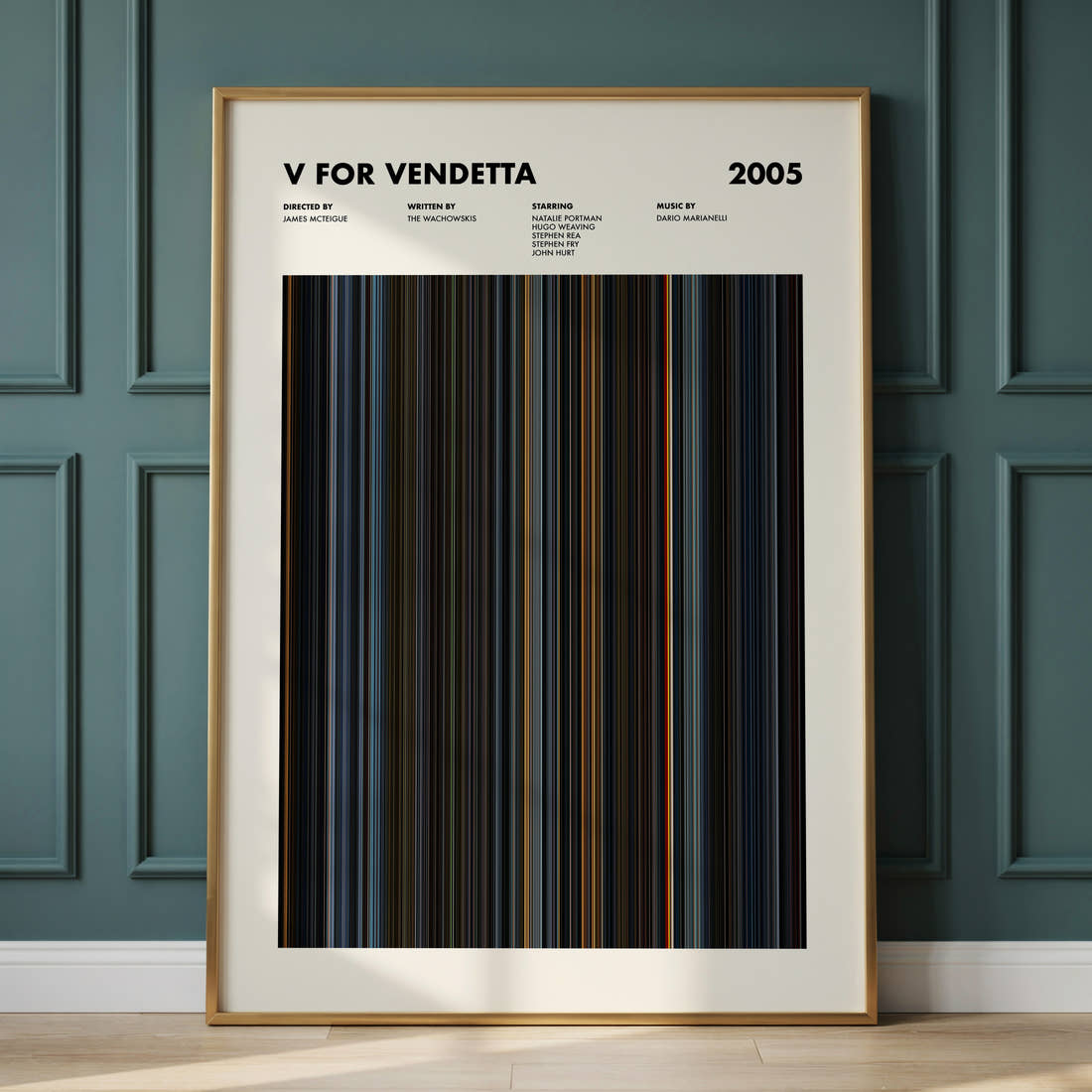 V For Vendetta Movie Barcode Poster framed and leaning against a panelled wall