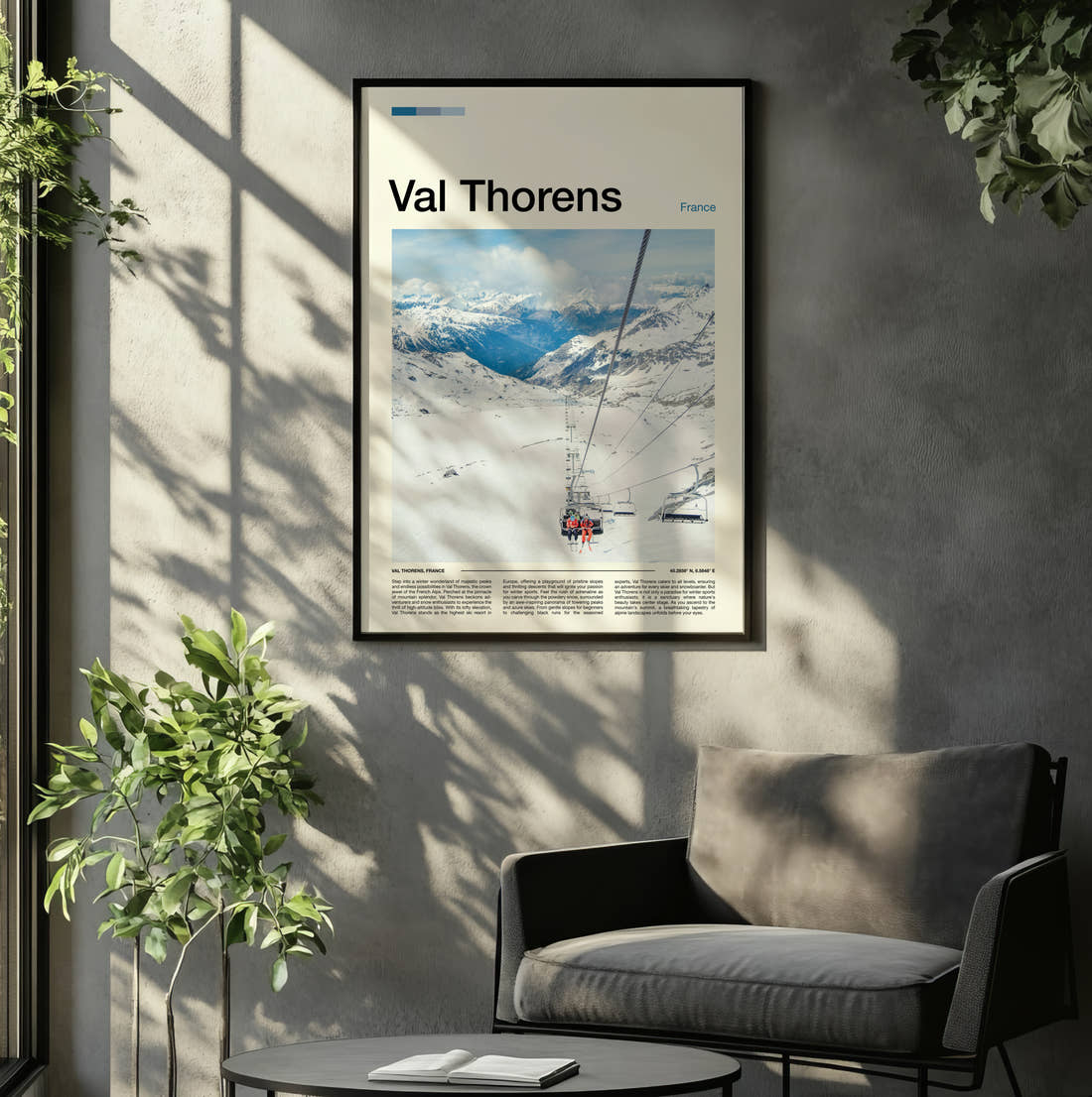 Val Thorens Chairlift Over Piste Travel Print framed on the wall of a relaxed living room