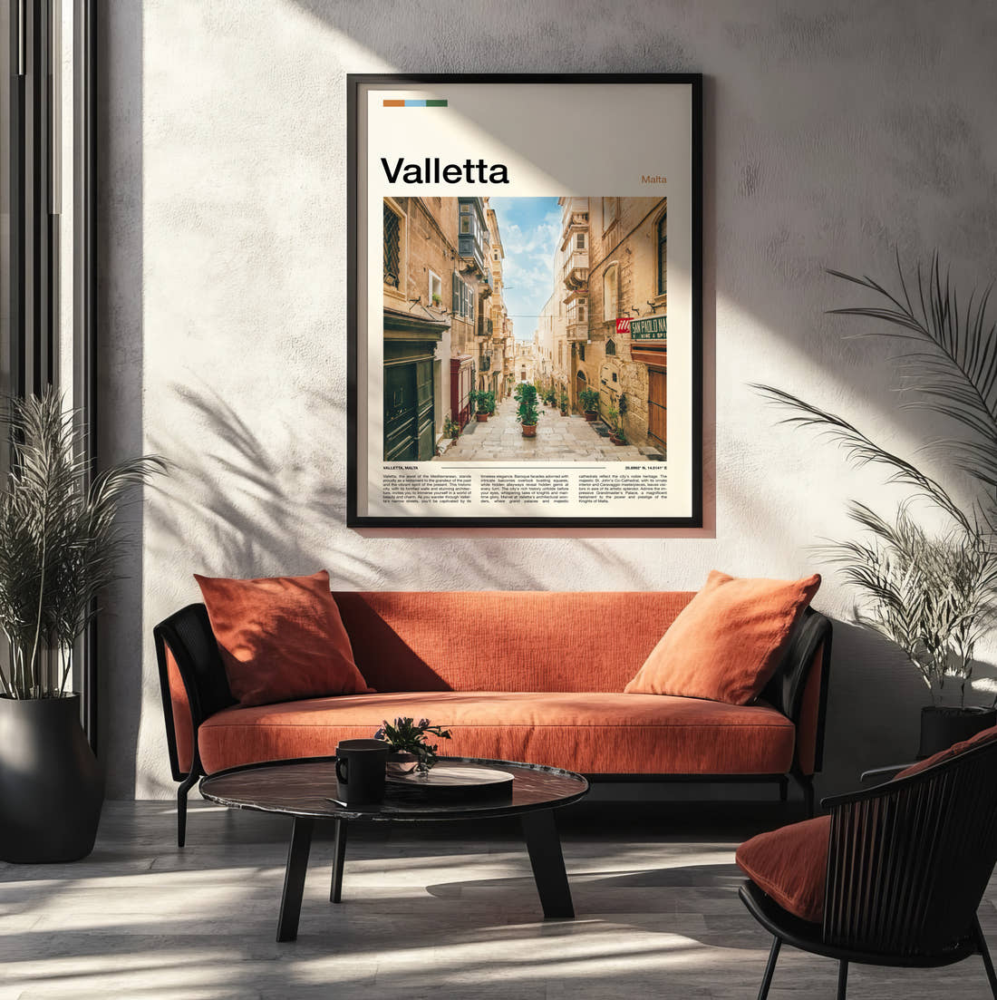 Valletta Narrow Street Travel Print framed on the wall of a modern living room