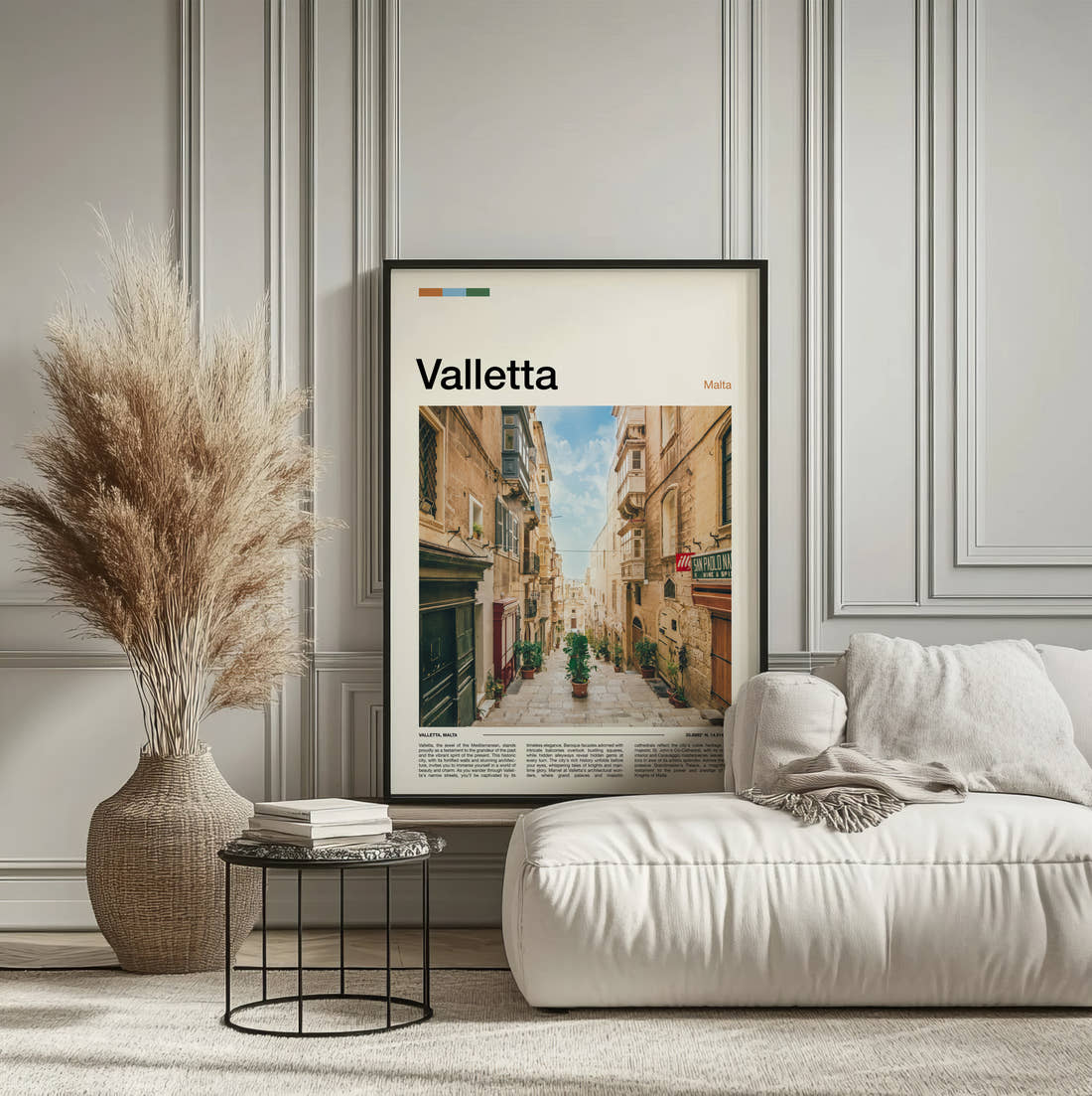 Valletta Narrow Street Travel Print framed on the wall of a calm, neutral bedroom