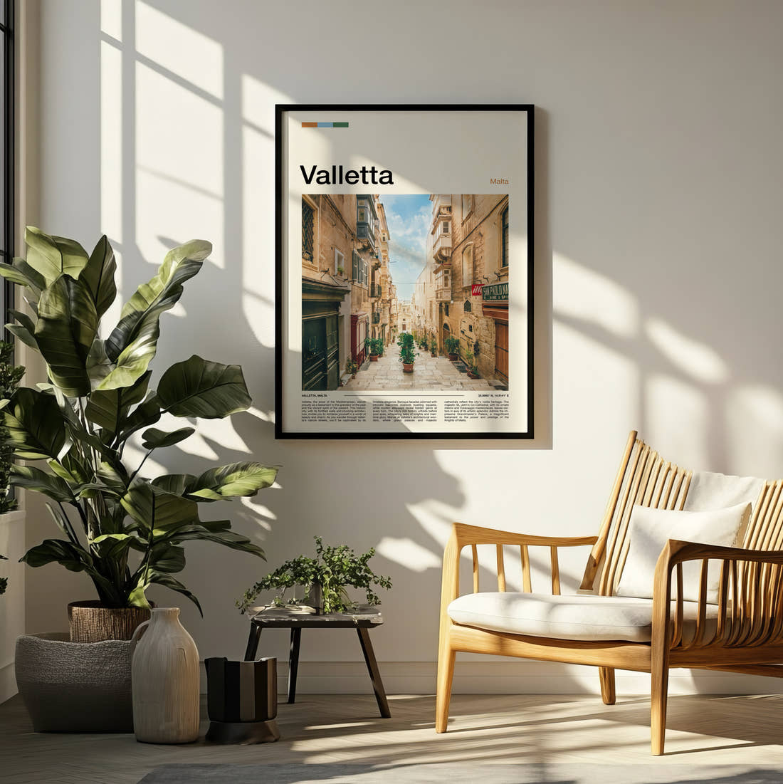Valletta Narrow Street Travel Print framed on a pale wall beside houseplants