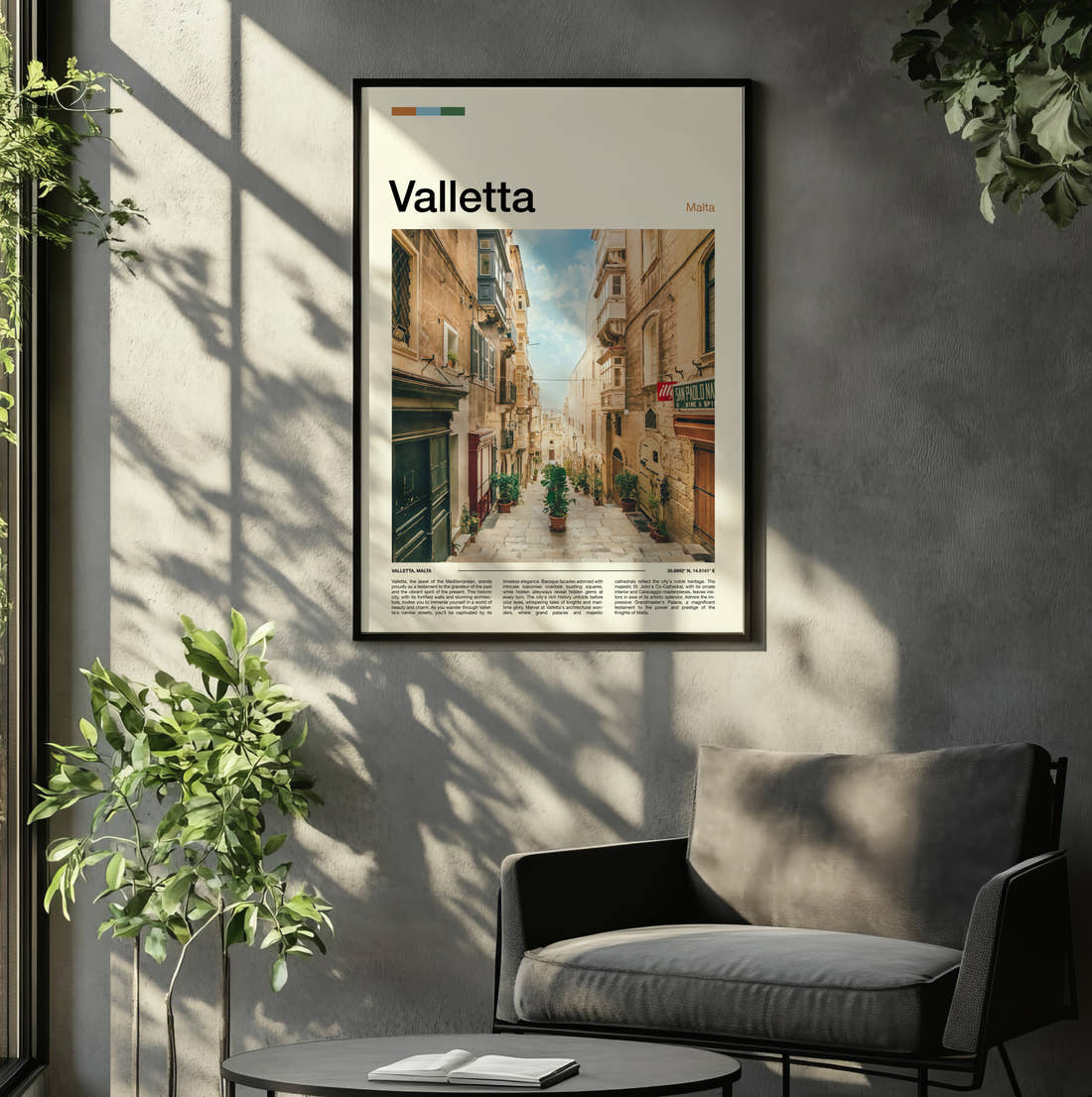 Valletta Narrow Street Travel Print framed on the wall of a relaxed living room