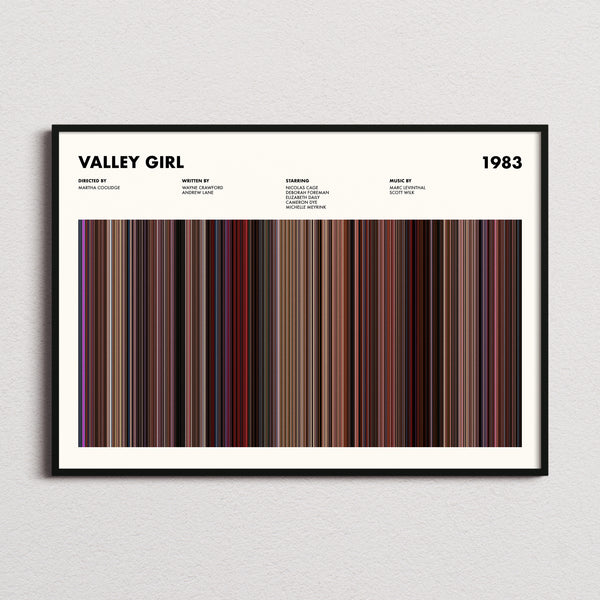 Valley Girl Movie Barcode Poster framed and photographed straight on