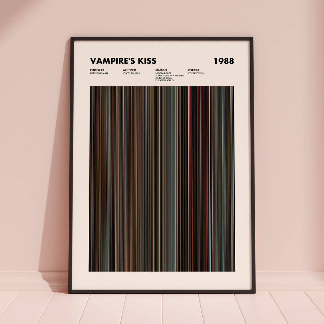 Vampire's Kiss Movie Barcode Poster framed and leaning against a coloured wall