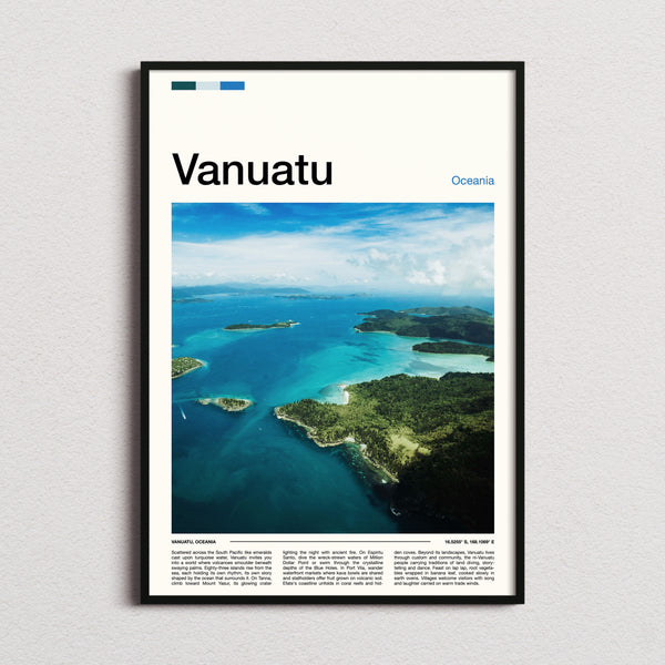 Vanuatu Aerial Island View Travel Print framed and photographed straight on