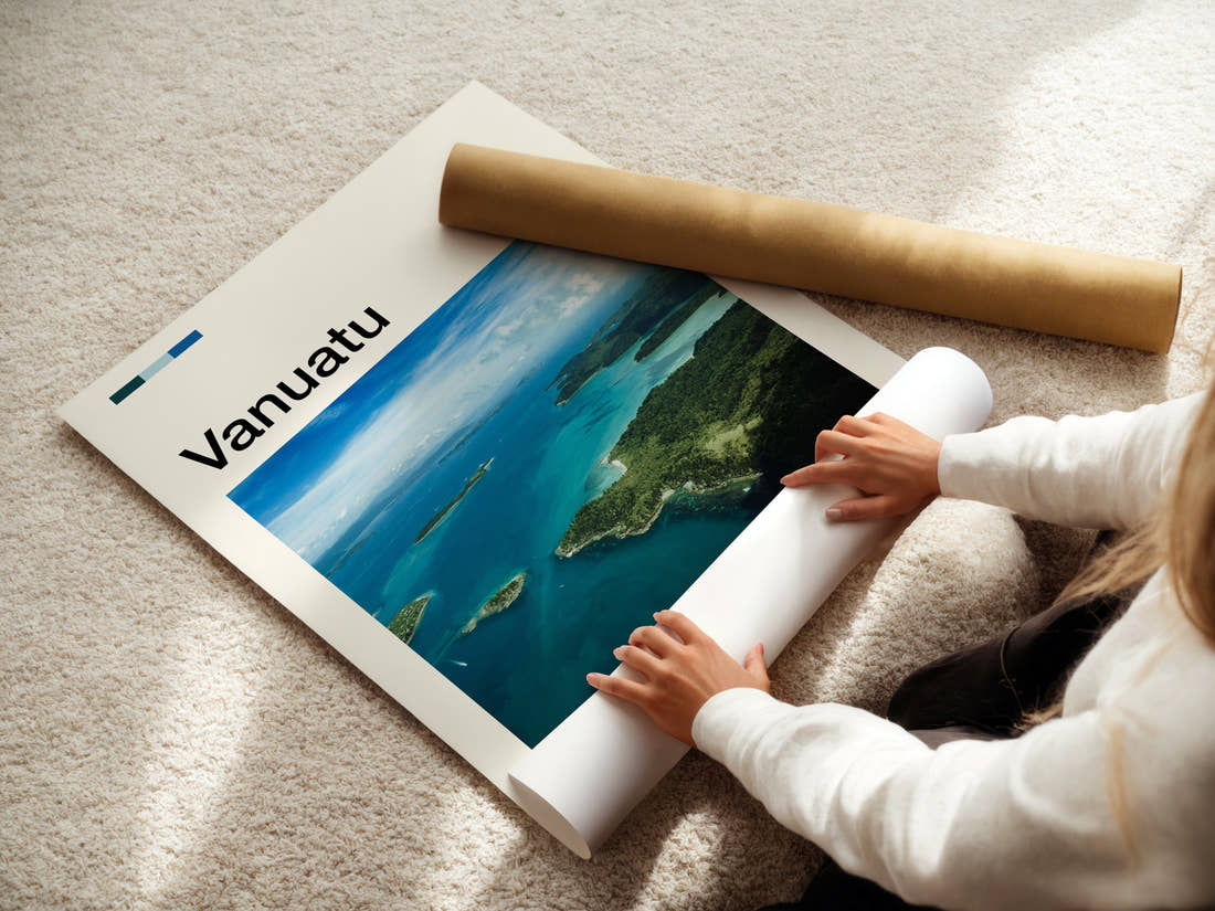 Vanuatu Aerial Island View Travel Print being unrolled from its postal tube