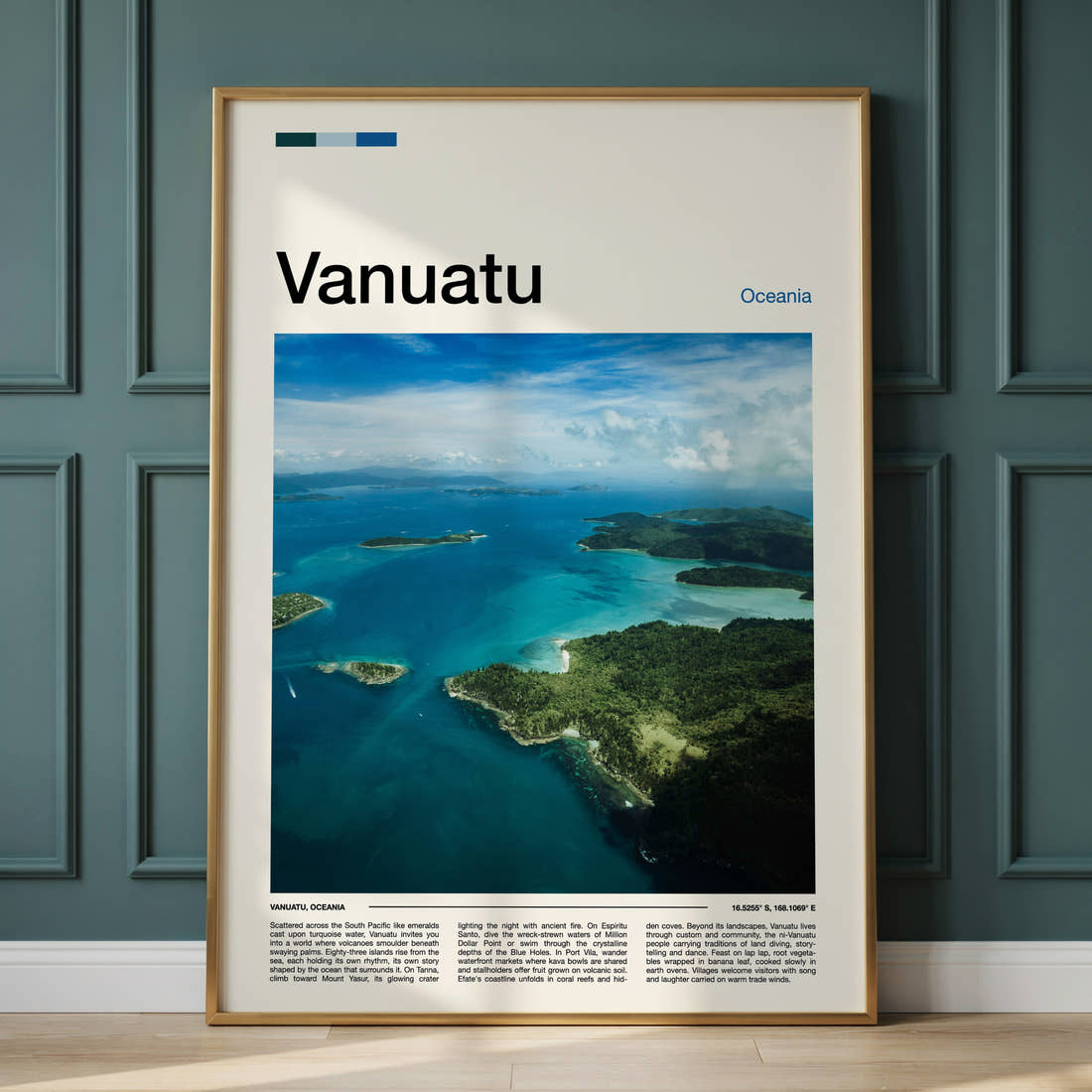 Vanuatu Aerial Island View Travel Print framed on the wall of a calm, neutral bedroom