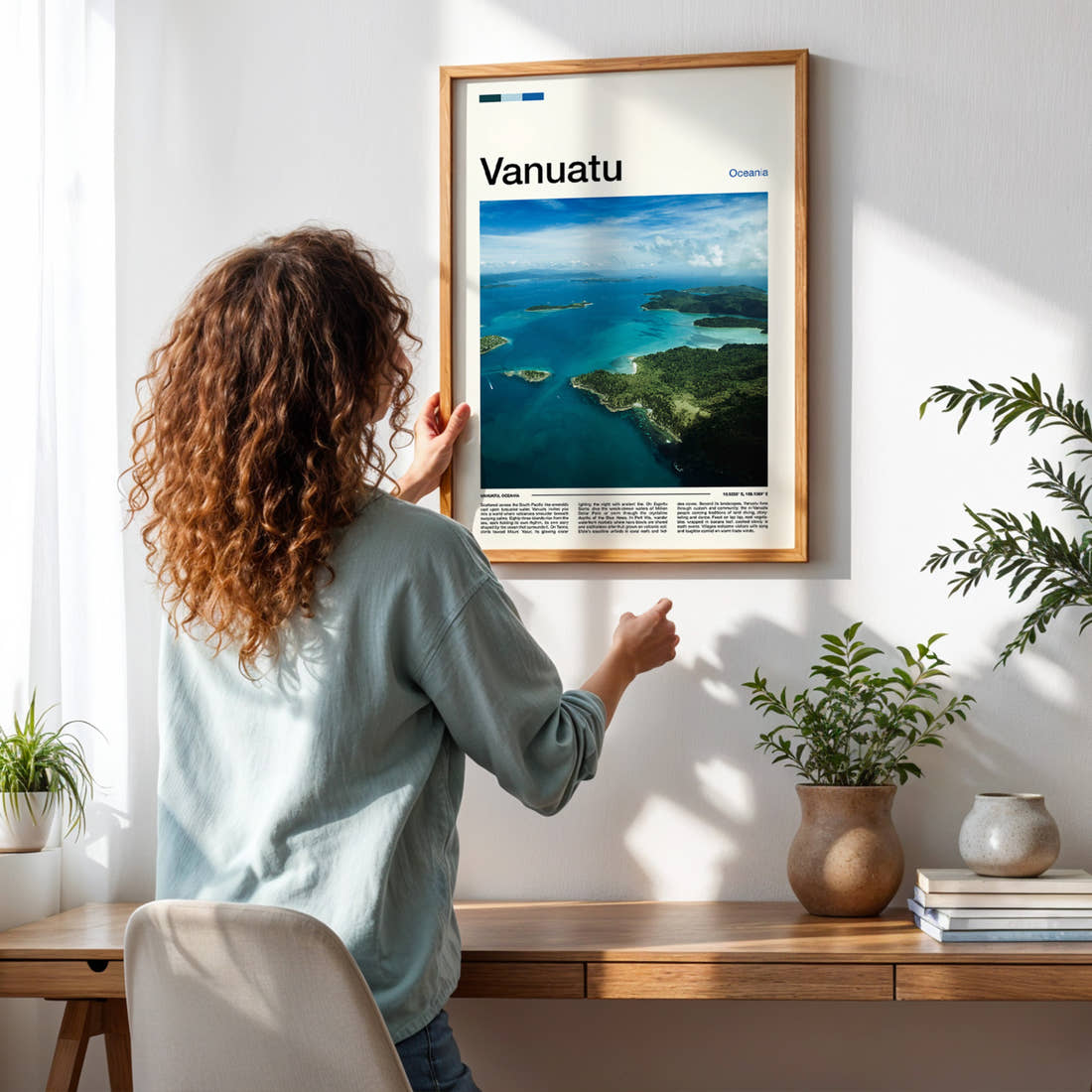 Vanuatu Aerial Island View Travel Print framed on a pale wall beside houseplants
