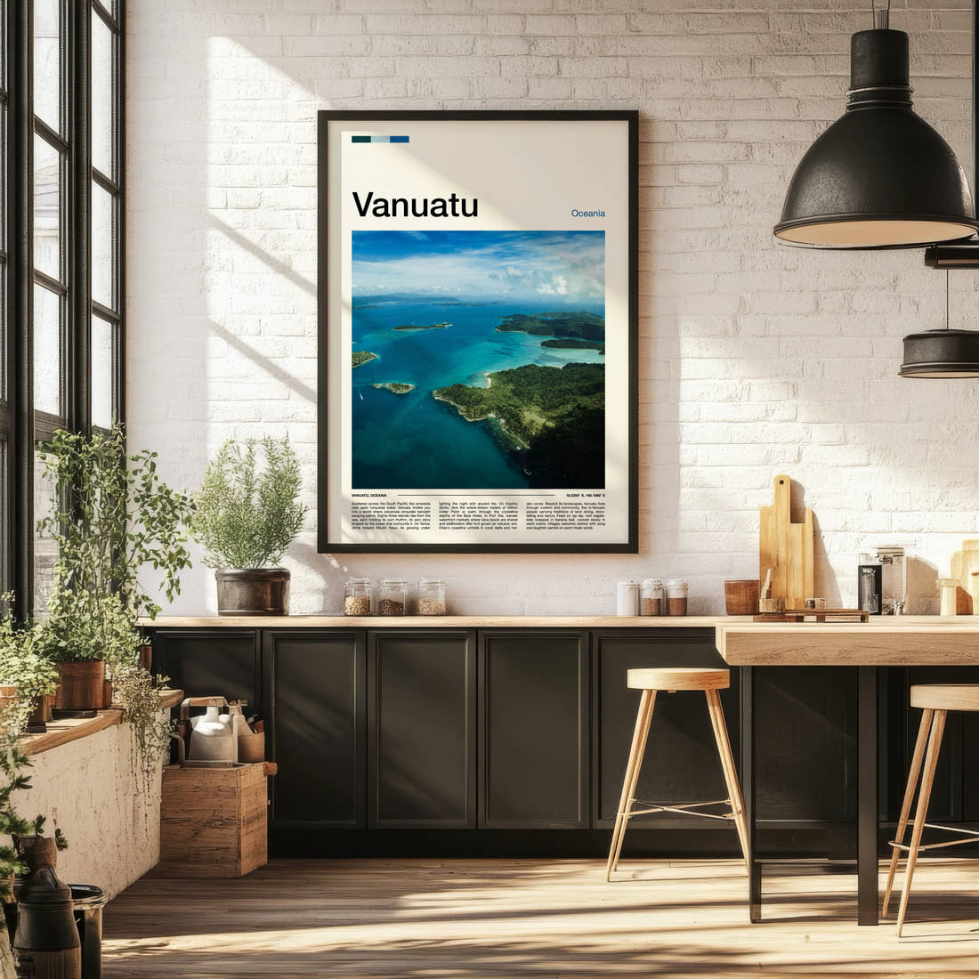 Vanuatu Aerial Island View Travel Print framed on the wall of a bright kitchen and dining space