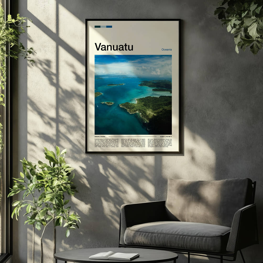 Vanuatu Aerial Island View Travel Print framed on the wall of a relaxed living room