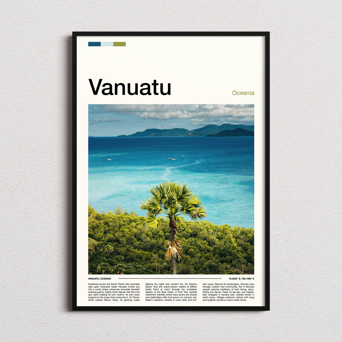 Vanuatu Palm Above Turquoise Bay Travel Print framed and photographed straight on