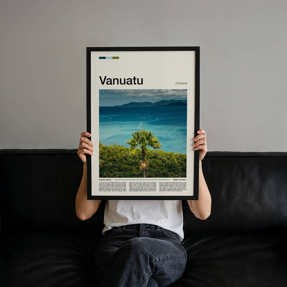 Vanuatu Palm Above Turquoise Bay Travel Print held up by hand to show the size of the print