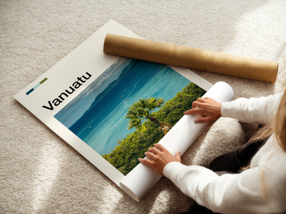 Vanuatu Palm Above Turquoise Bay Travel Print being unrolled from its postal tube