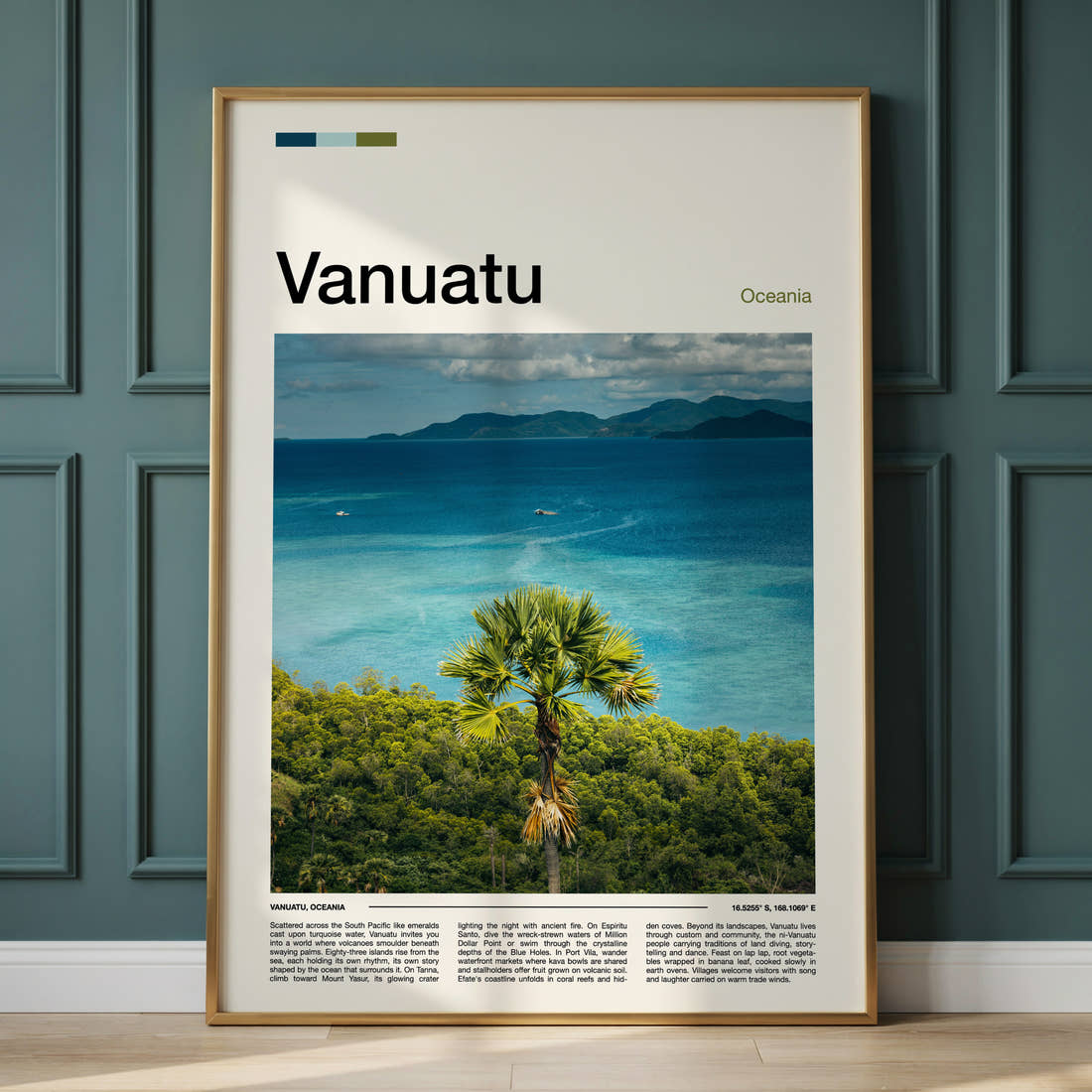 Vanuatu Palm Above Turquoise Bay Travel Print framed on the wall of a calm, neutral bedroom