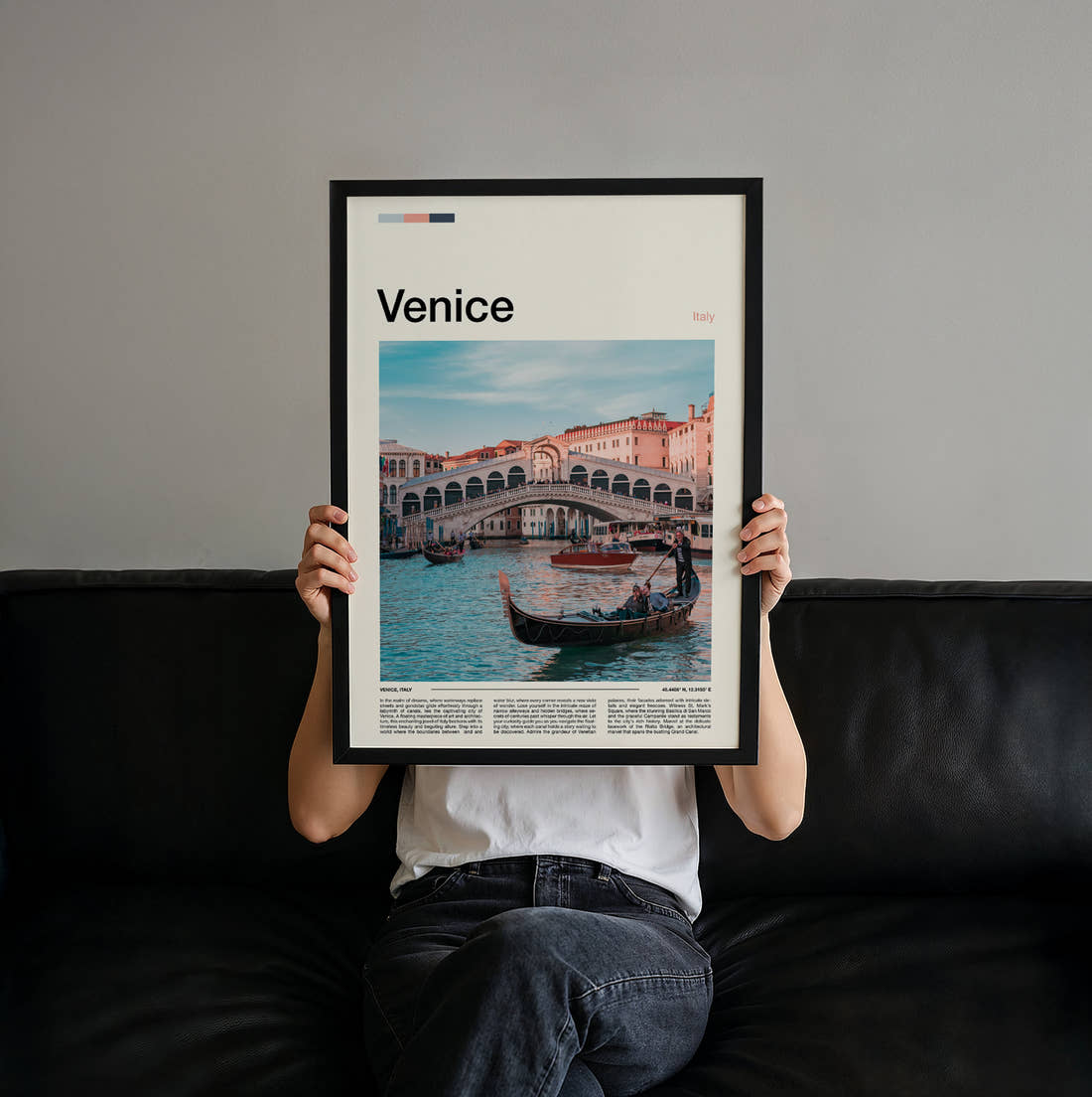 Venice Rialto Bridge Travel Print held up by hand to show the size of the print