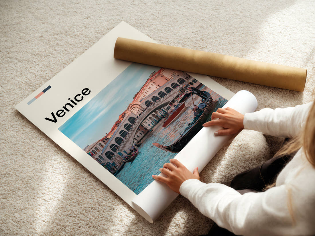 Venice Rialto Bridge Travel Print being unrolled from its postal tube