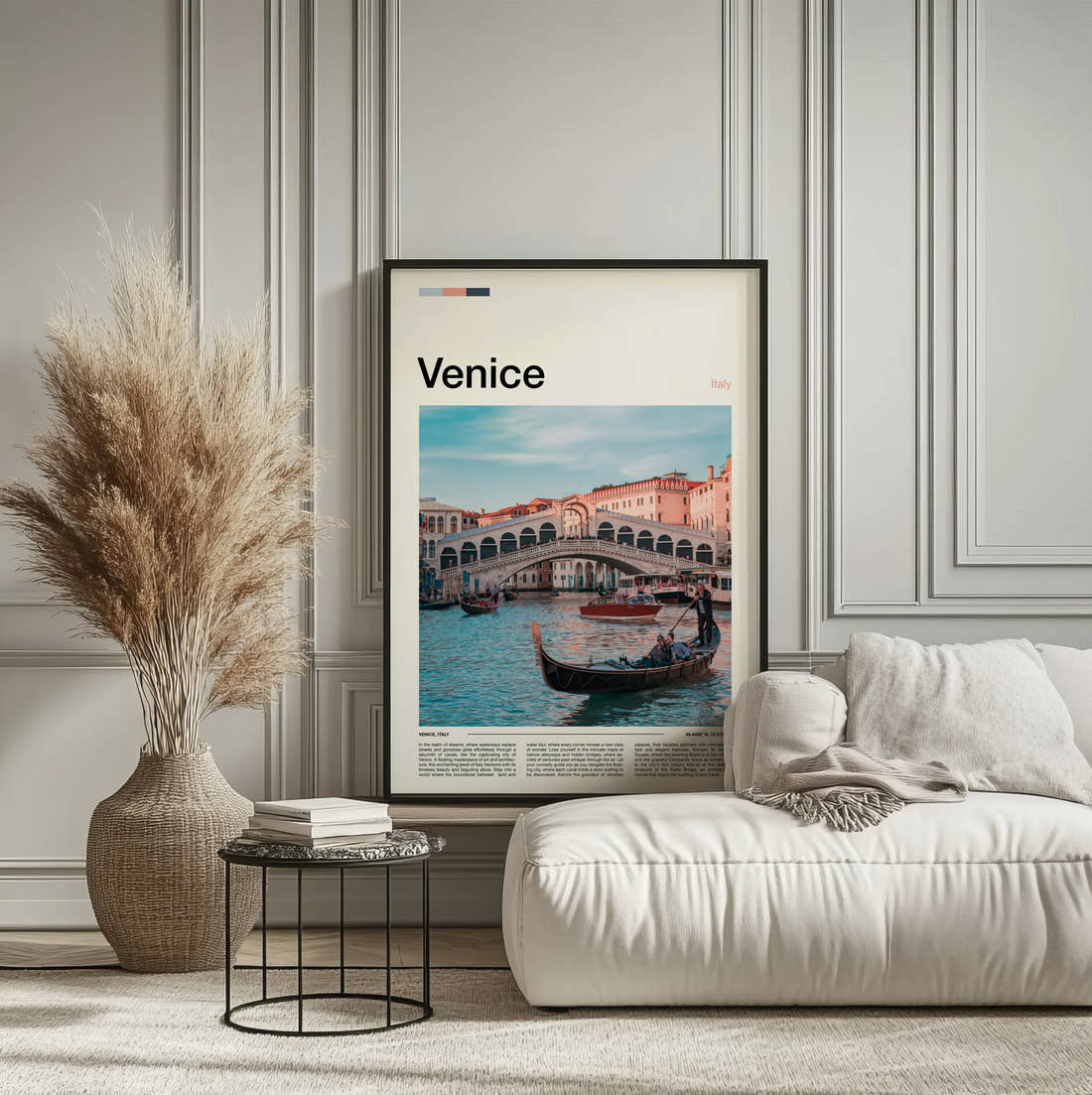 Venice Rialto Bridge Travel Print framed on the wall of a calm, neutral bedroom