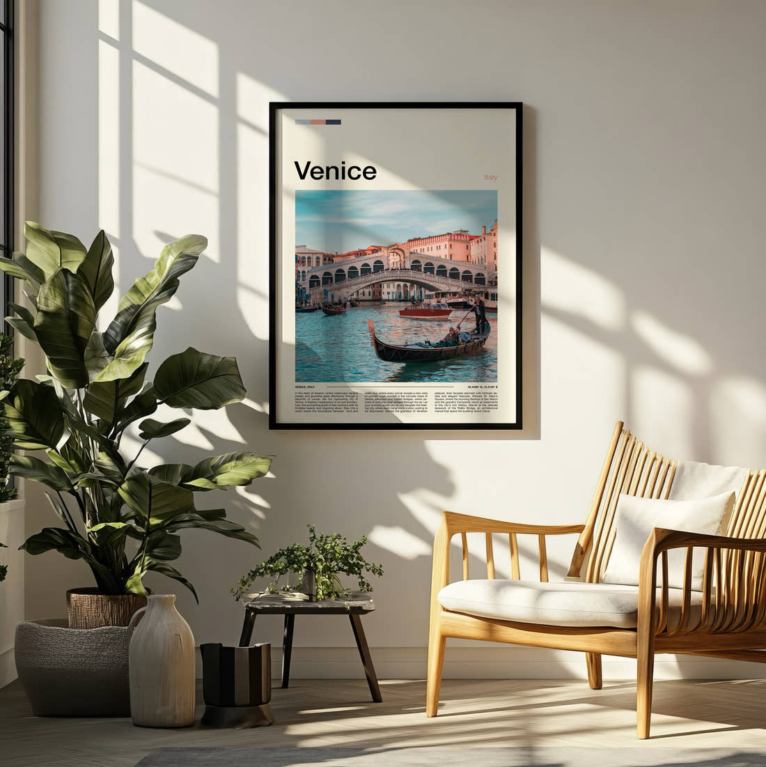 Venice Rialto Bridge Travel Print framed on a pale wall beside houseplants