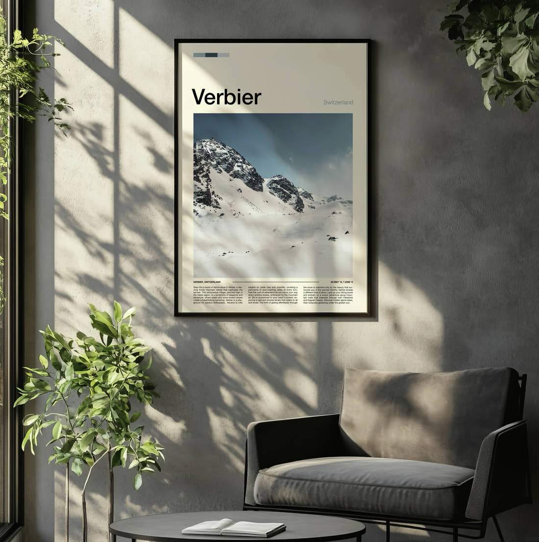 Verbier Snowy Ridge Travel Print framed on the wall of a relaxed living room