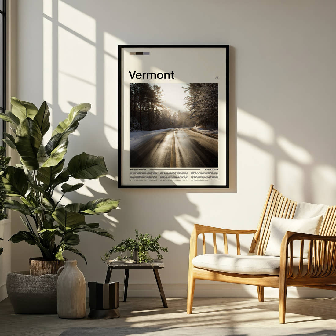 Vermont Sunlit Forest Road Travel Print framed on a pale wall beside houseplants