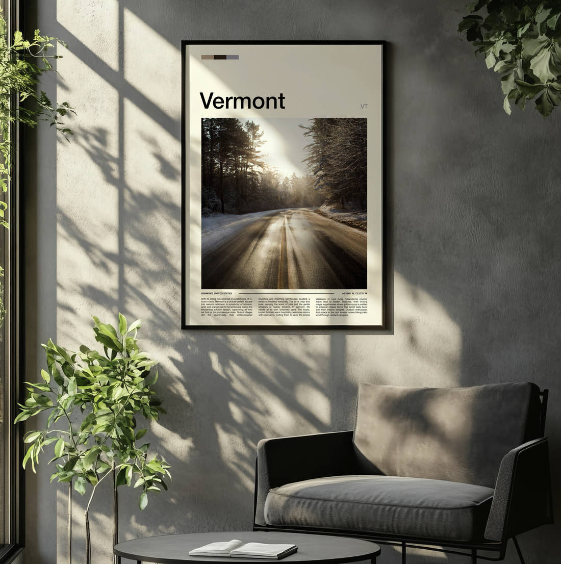 Vermont Sunlit Forest Road Travel Print framed on the wall of a relaxed living room