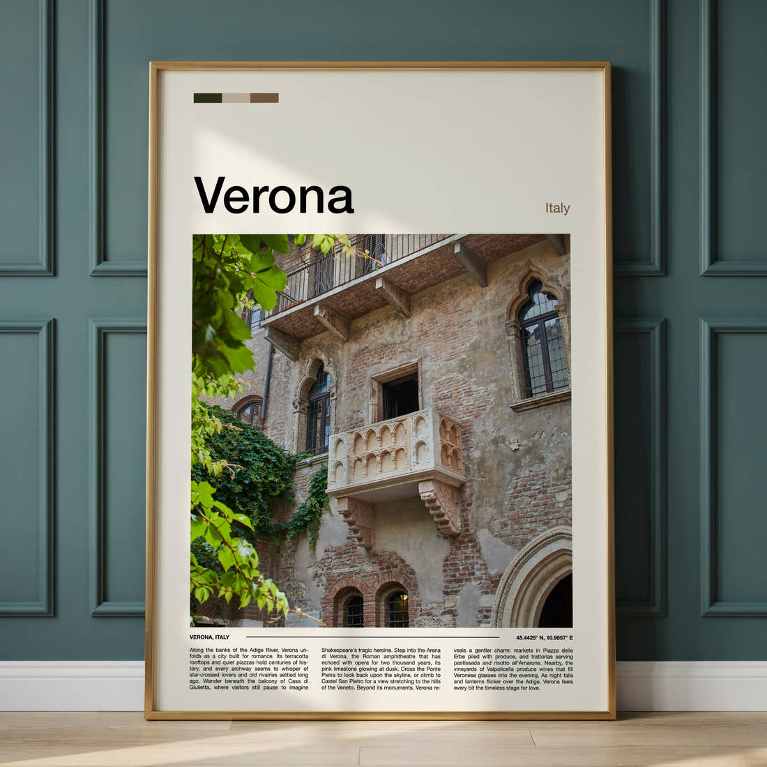 Verona Juliet'S Balcony Travel Print framed on the wall of a calm, neutral bedroom