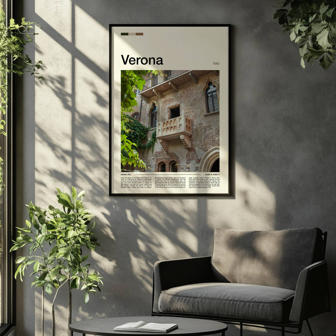 Verona Juliet'S Balcony Travel Print framed on the wall of a relaxed living room