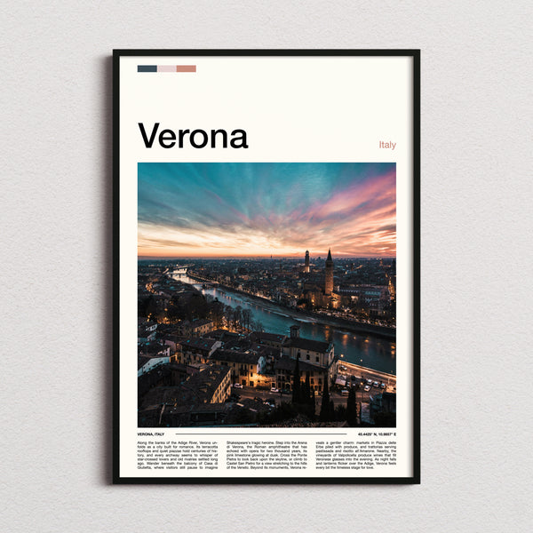 Verona Riverside Skyline Sunset Travel Print framed and photographed straight on