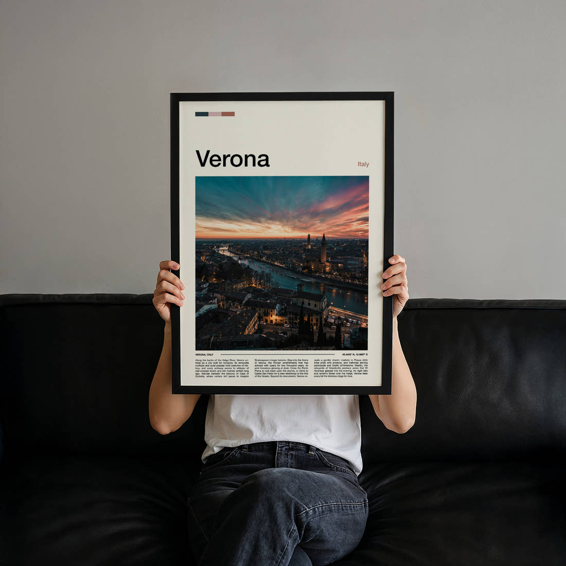 Verona Riverside Skyline Sunset Travel Print held up by hand to show the size of the print