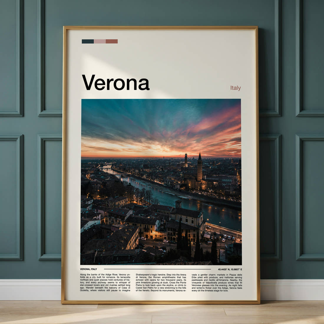Verona Riverside Skyline Sunset Travel Print framed on the wall of a calm, neutral bedroom